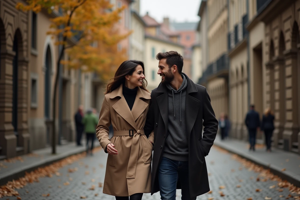 Couple élégant marchant dans une rue pavée européenne en automne, complicité intime et discrétion de la vie privée