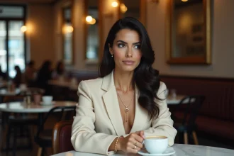 Femme élégante dans un café parisien, regard discret et posture protectrice, illustrant la vie privée d'un couple célèbre