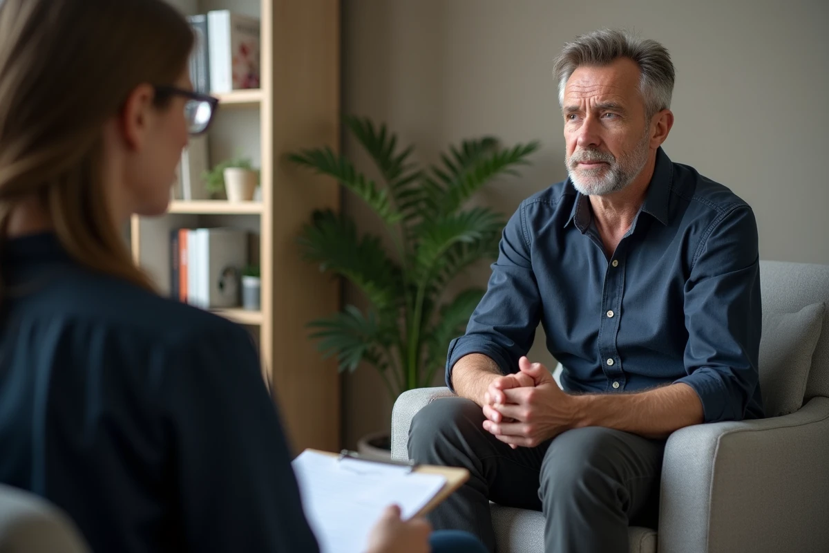 Homme adulte en séance de thérapie avec une psychologue, abordant le thème du rejet parental et de la reconstruction émotionnelle