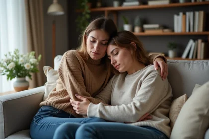 Femme consolant une amie en d&eacute;tresse dans un salon chaleureux