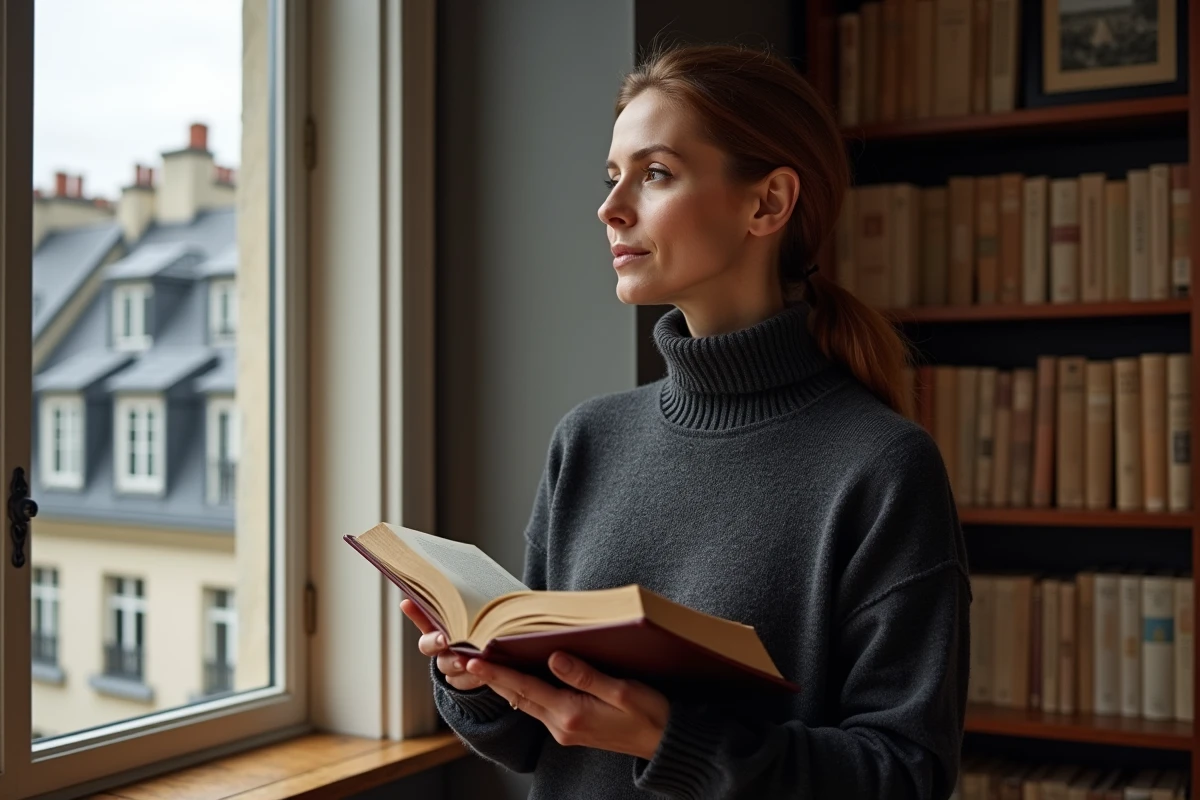 Femme raffinée en pull col roulé dans un appartement parisien tenant un livre, évoquant l'intimité et les confidences rares d'une personnalité médiatique discrète
