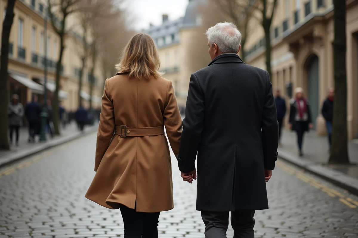 Couple discret et élégant se promenant sur un boulevard parisien pavé en automne, illustrant la vie privée et la complicité d'un couple médiatique