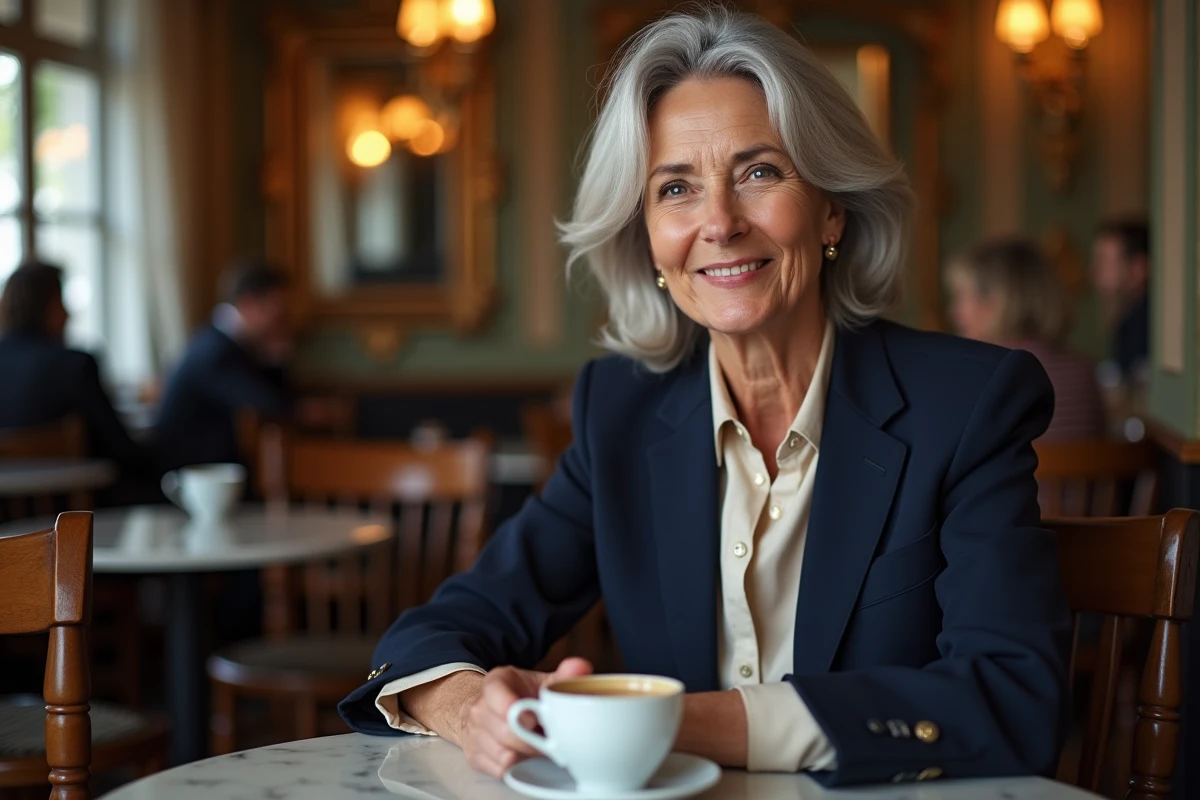 Femme élégante dans la cinquantaine assise dans un café parisien avec un sourire pensif, évoquant la discrétion et la vie privée d'un couple médiatique