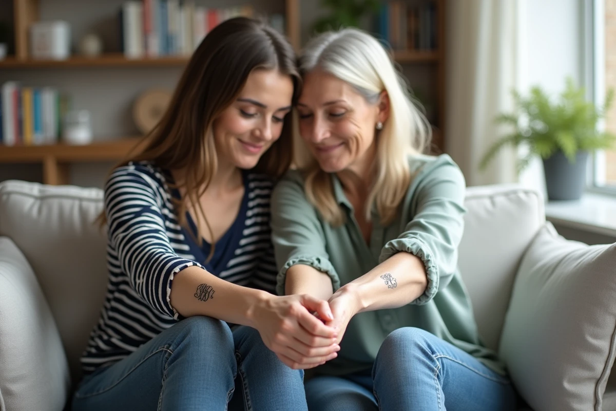 Mère et fille comparant leurs tatouages initiaux assortis en encre fine sur le poignet dans un salon scandinave