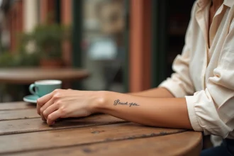 Tatouage initiale en encre fine sur le poignet d'une femme attablée dans un café parisien