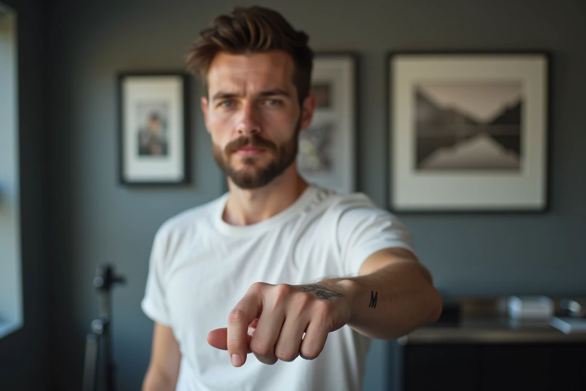 Homme montrant son tatouage initiales de famille en fine ligne sur le poignet dans un studio de tatouage moderne