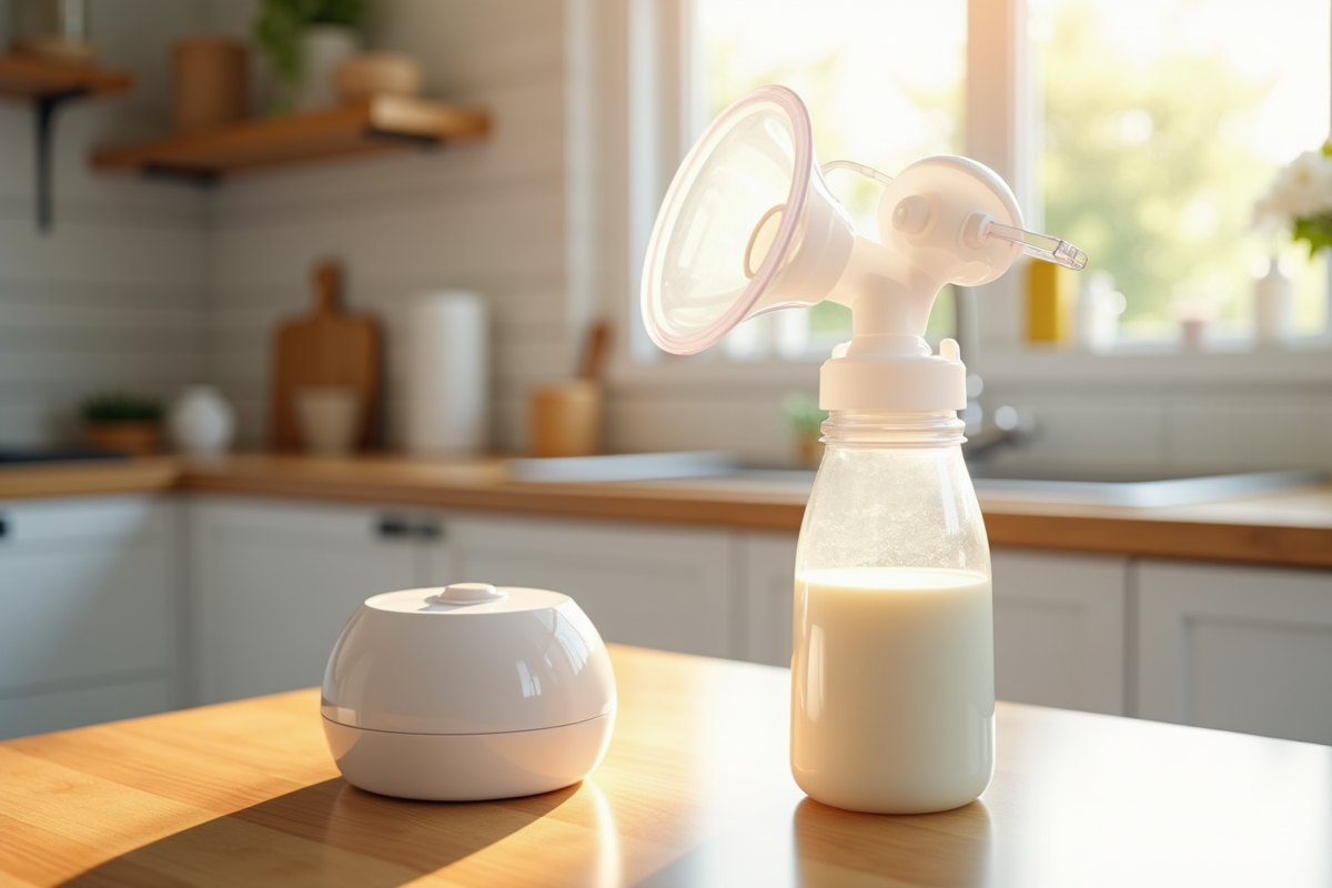Tire-lait moderne et biberon de lait sur une table en bois