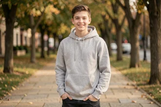 Jeune adolescent en hoodie gris dans un parc urbain, illustrant la transformation d'un enfant star en jeune adulte