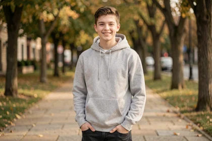 Jeune adolescent en hoodie gris dans un parc urbain, illustrant la transformation d'un enfant star en jeune adulte