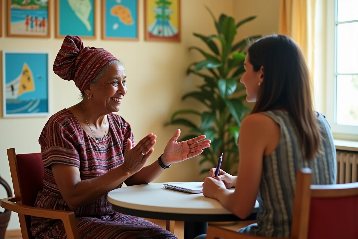 Grand-mère martiniquaise en tenue traditionnelle transmettant des prénoms créoles authentiques à une jeune femme dans un centre culturel antillais en France métropolitaine