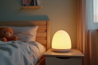 Veilleuse moderne posée sur une table de chevet en bois dans une chambre d'enfant apaisante avec draps en coton et jouets en arrière-plan