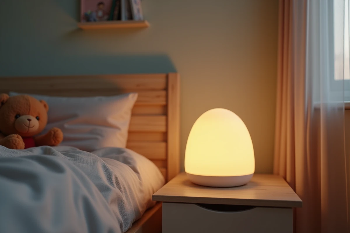 Veilleuse moderne posée sur une table de chevet en bois dans une chambre d'enfant apaisante avec draps en coton et jouets en arrière-plan