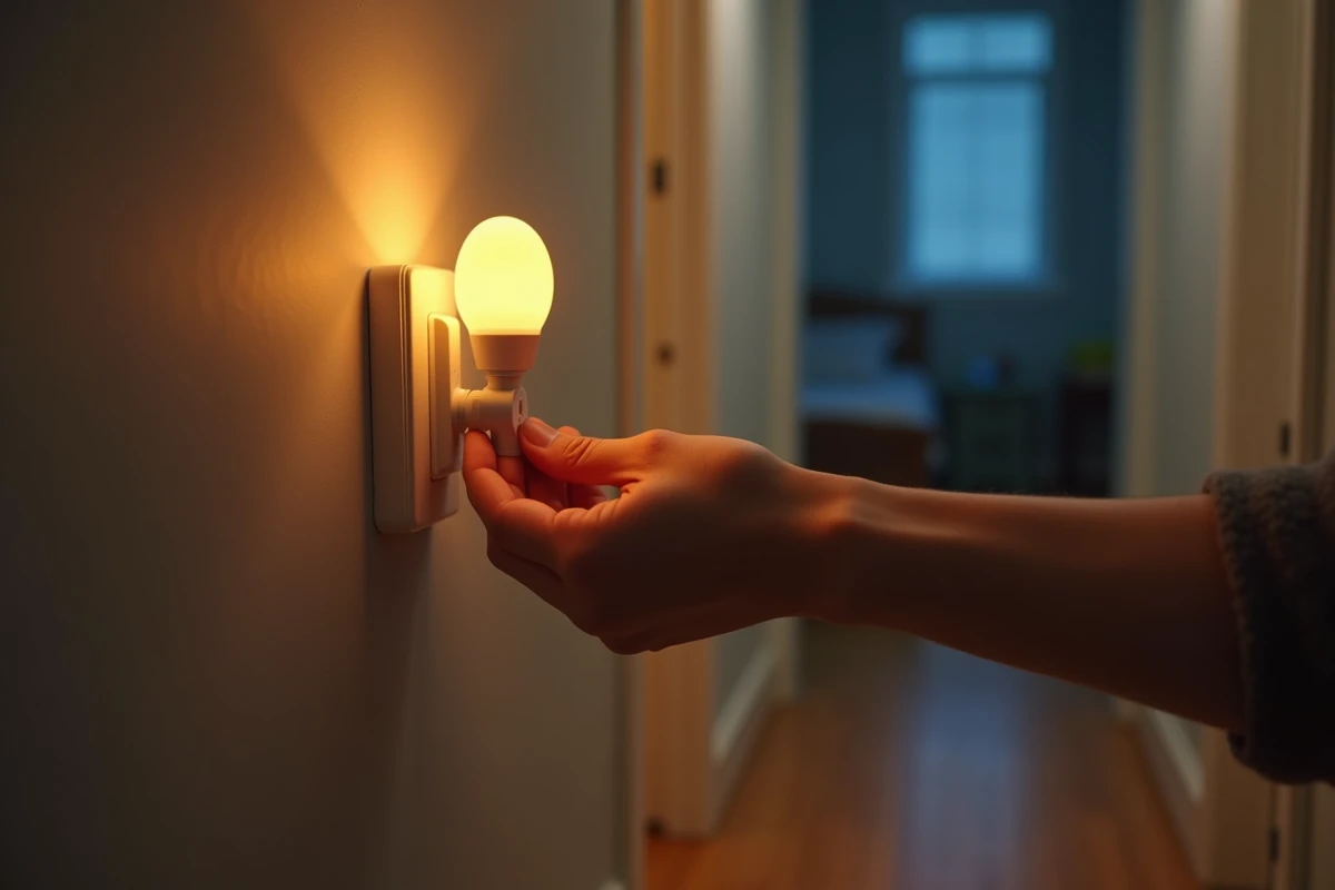 Main adulte branchant une veilleuse dans une prise de couloir avec sol en parquet et porte de chambre d'enfant entrouverte en arrière-plan