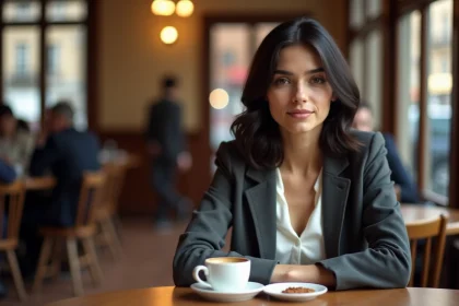 Femme journaliste assise dans un café parisien avec une expression réservée, illustrant la question de la vie privée des personnalités médiatiques