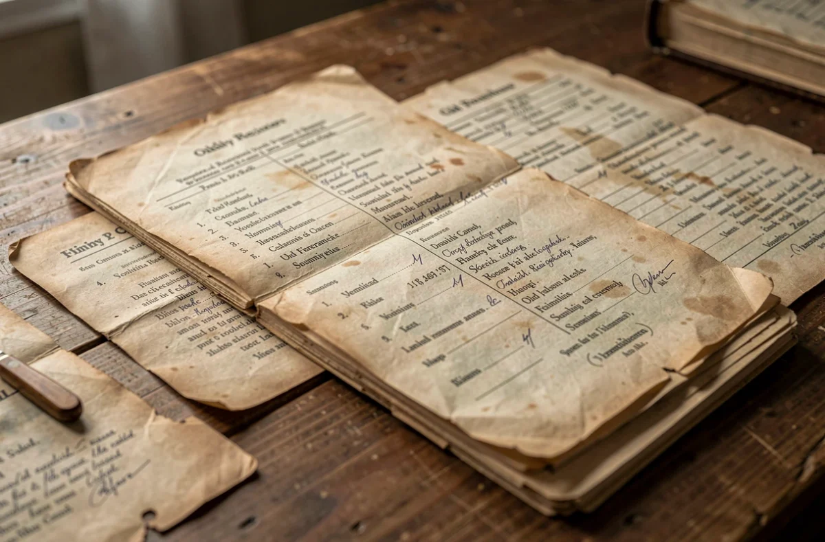 Vieux registres et documents généalogiques posés sur une table